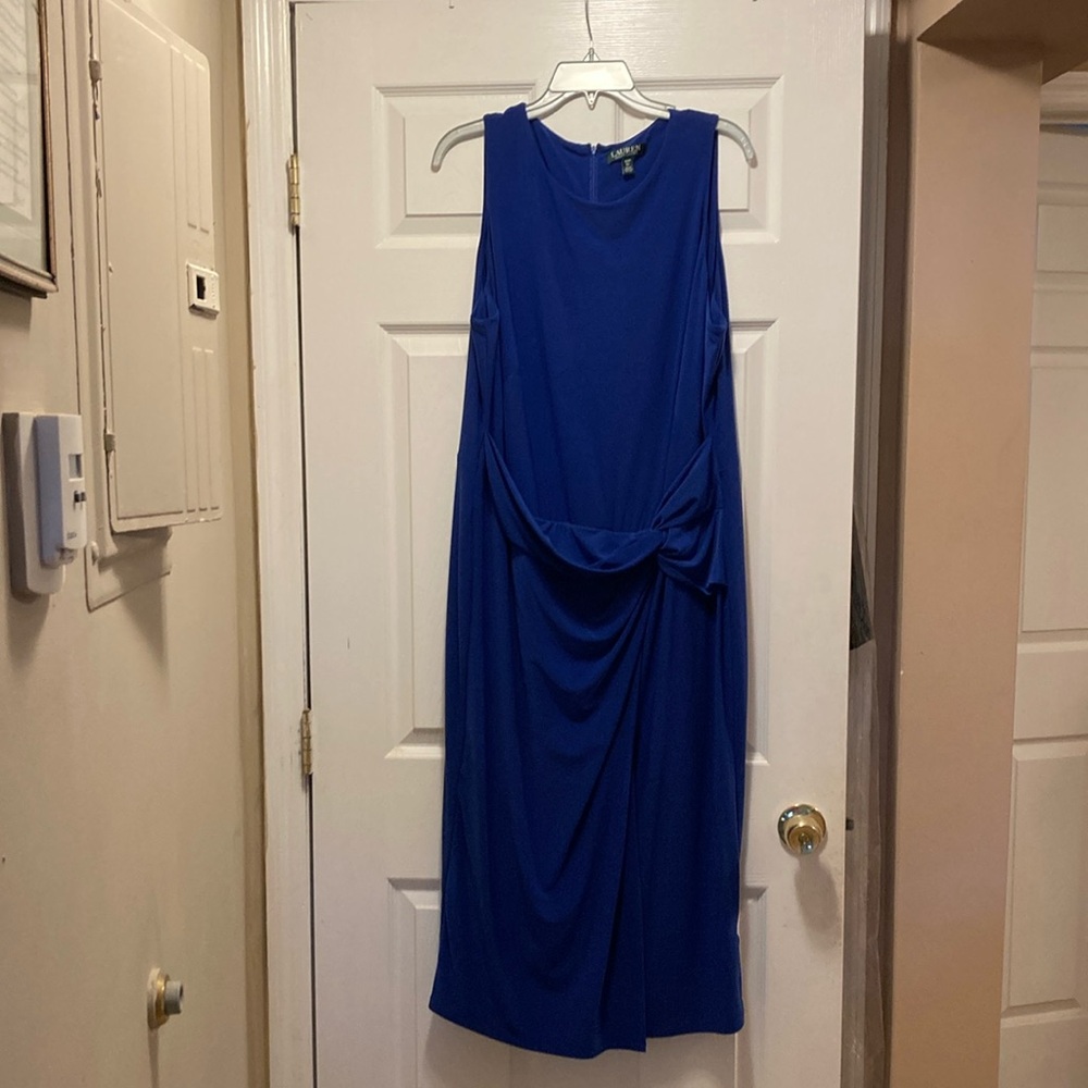 Ralph Lauren Blue Asymmetrical Ruched Midi Dress